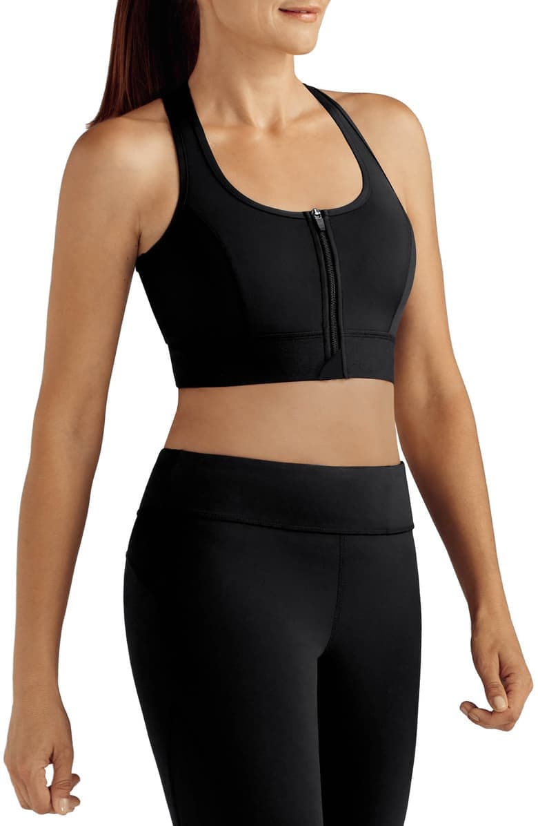 Women's Zip Front Sports Bra Wireless Post-Surgery Bra Active Yoga Sports  Bras, 2 Pack(black+flesh), Small