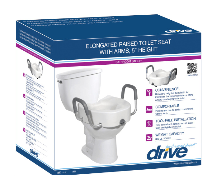 Drive Medical Elongated Raised Toilet Seat With Arms, 5 inch Height