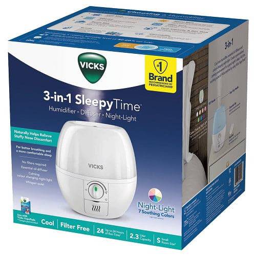 Vicks Humidificador SleepyTime 3 en 1, 1 marca recomendada por pediatras*.  Humidificador de niebla fría con luz nocturna y difusor de aceites