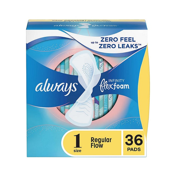 Always Infinity FlexFoam Pads Size 1 Regular Flow Absorbency with Wings Unscented 36 Pads