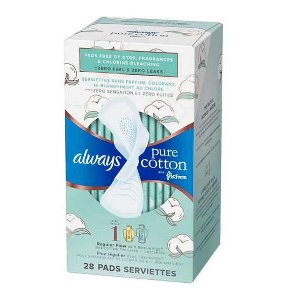 Always Pure Cotton with FlexFoam Pads Size 1 Regular Absorbency with Wings Unscented 28 Pads