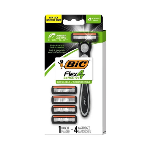 BIC Flex 4 Sensitive Hybrid Disposable Men's Razor 1 Handle + 4 Cartridges