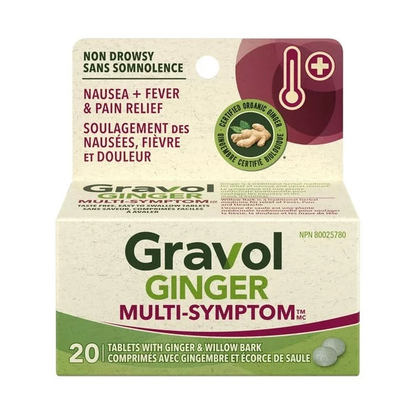 Gravol Ginger Nausea Fever & Pain Relief Multi-Symptom Non Drowsy 20 Tablets