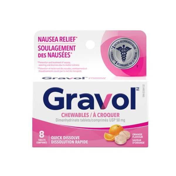 Gravol Nausea Relief Chewables Quick Dissolve Orange Flavour 50mg - 8 Tablets