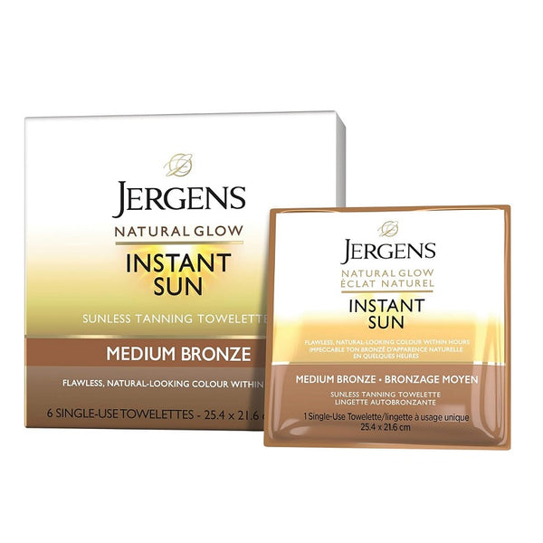 JERGENS Natural Glow Sunless Tanning Towelettes Medium Bronze Instant Sun 6 Pack