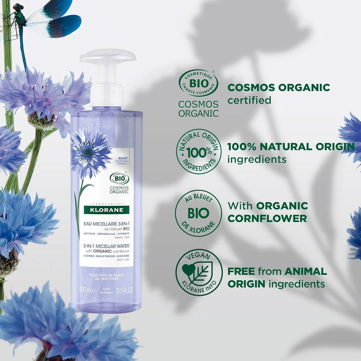 Klorane 3 In 1 Micellar Water With Organically Farmed Cornflower 400mL - HaloHealthcare.com