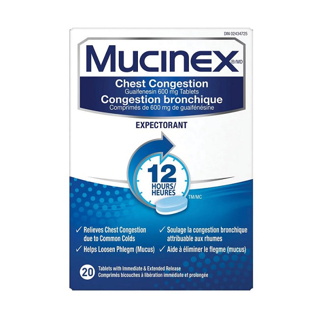 Mucinex Chest Congestion Guaifenesin 600mg 20 Tablets 