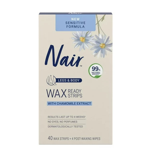 Nair Legs & Body Wax Ready Strips Sensitive Formula With Chamomile Extract 40 Wax Strips & 4 Post Waxing Wipes