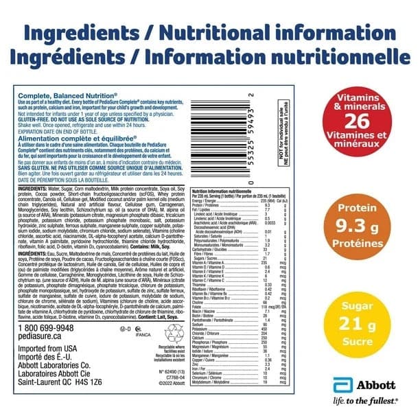 PediaSure Complete Grown & Gain Vanilla 4x235mL - Nutritional Facts 