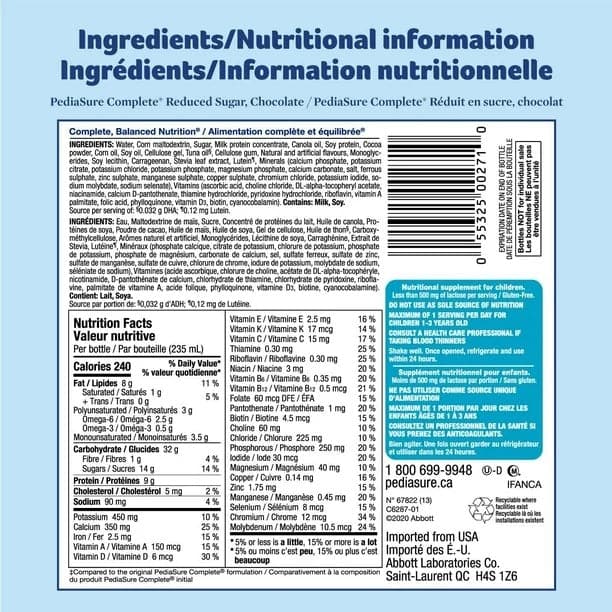 PediaSure Complete Grow & Gain 33% Less Sugar Chocolate 4x235mL - Nutritional Facts 