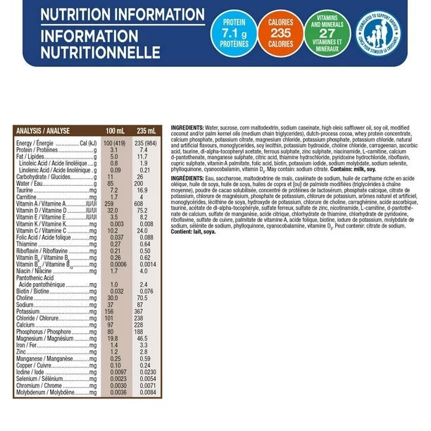 Pediasure Formulated Liquid Diet Ready To Serve Chocolate 235mL - Nutritional Facts 