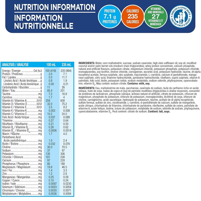 Pediasure Formulated Liquid Diet Ready To Serve 235mL - Nutritional Facts 