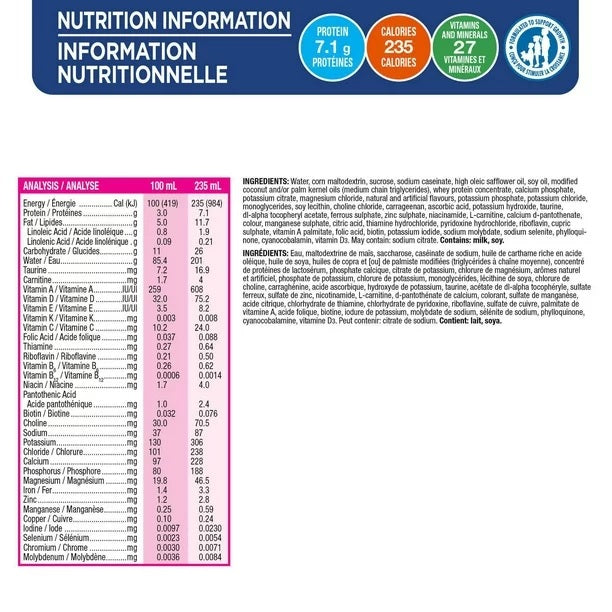 Pediasure Formulated Liquid Diet Ready To Serve Strawberry 235mL - Nutritional Facts