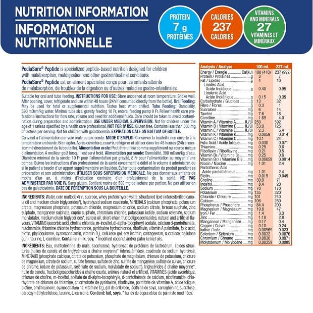 PediaSure Peptide Formulated Liquid Diet 237mL - Nutritional Facts 