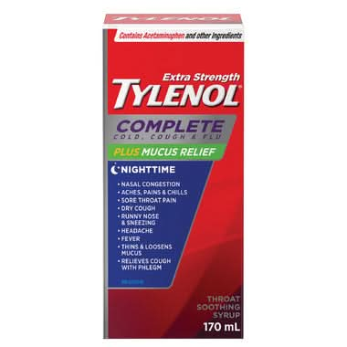 Tylenol Complete Cold Cough & Flu Plus Mucus Relief Nighttime 170mL - Halohealthcare.com