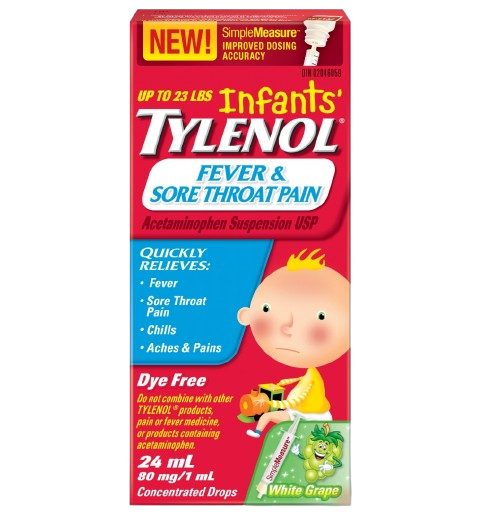 Tylenol Infants Fever & Sore Throat Pain Drops Dye Free White Grape 24mL - Halohealthcare.com