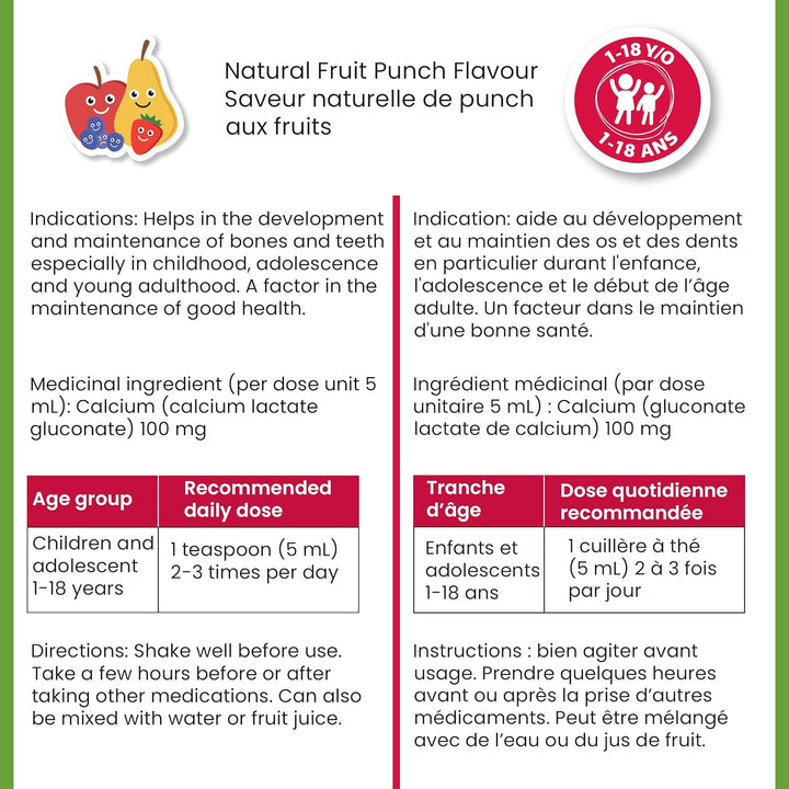 Wampole Adorable Calcium Liquid Natural Fruit Punch Flavour 150mL - Medicinal Ingredients