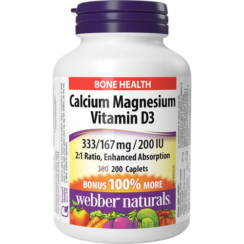 Webber Naturals Calcium Magnesium Vitamin D3 2:1 Ratio, Enhanced Absorption 333/167 mg/200 IU 200 Caplets