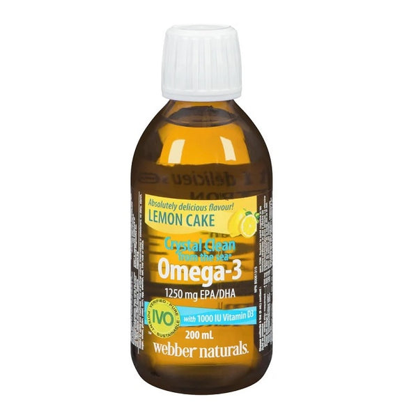 Webber Naturals Crystal Clean From The Sea with D3 Lemon Cake 1250 mg EPA/DHA 100 IU Vitamin D3 200 mL