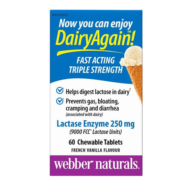 Webber Naturals Dairy Again Lactase Enzyme Extra Strength 250mg 60 Chewable Tablets