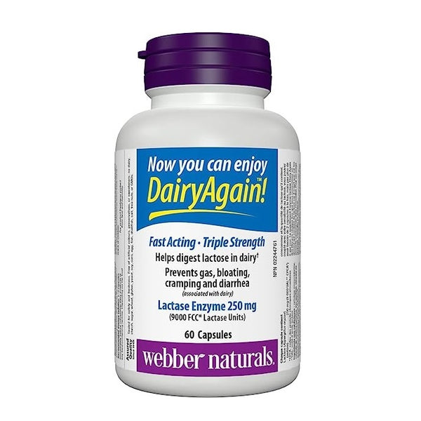 Webber Naturals Dairy Again Lactase Enzyme Extra Strength 250mg 60 Capsules