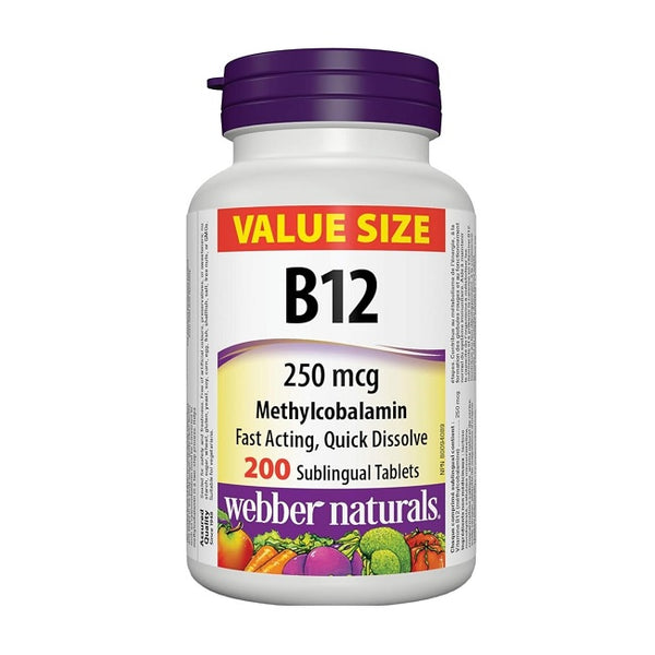 Webber Naturals Vitamin B12 250 mcg Methylcobalamin Natural Cherry Flavour 200 Tablets