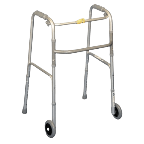 Airgo One Touch Button Folding Walker with 5" Wheels and Glide Tips - Silver, Small Adult