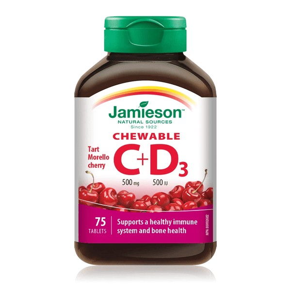 Jamieson Chewable Vitamin C 500mg + D3 500IU - Tart Morello Cherry 75 Tablets