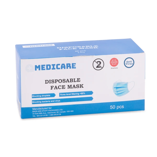 Medicare Disposable 3-Ply Earloop Face Masks - Box of 50 Blue