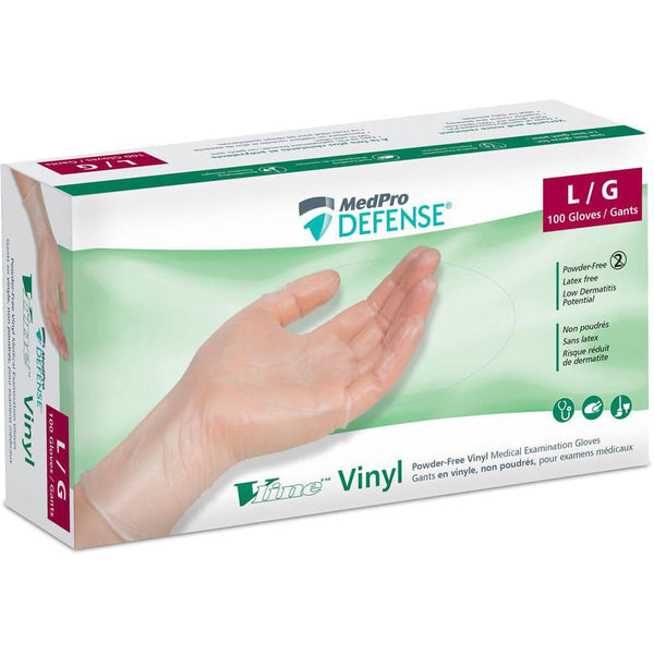 MedPro Defense Vline Vinyl Powder-Free Medical Examination Gloves Large - Box of 100