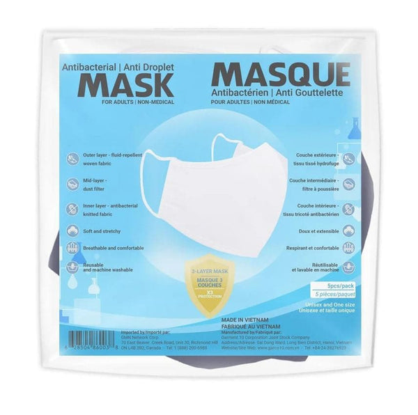 Sequence Health Antibacterial/Anti Droplet Mask for Adults 5 Pack (Blue or White)
