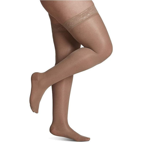 Sigvaris Moderate Compression 15-20 mmHg Women's Thigh 20-1/2" - 30" Long Short Soft Opaque Nude Closed Toe With Grip Top Stockings