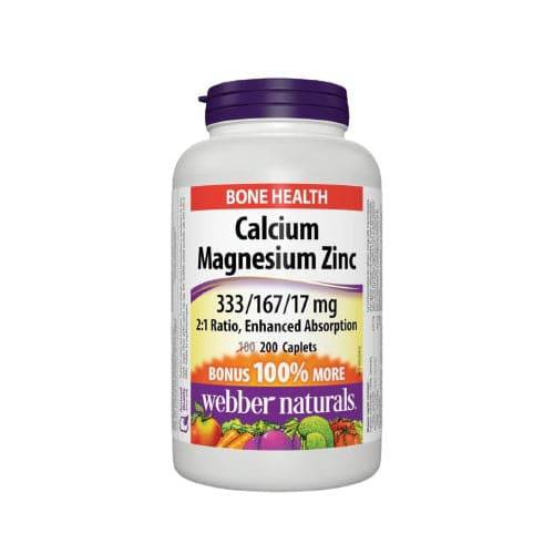 Webber Naturals Calcium Magnesium Zinc 2:1 Ratio, Enhanced Absorption 333/167/17mg 200 Caplets