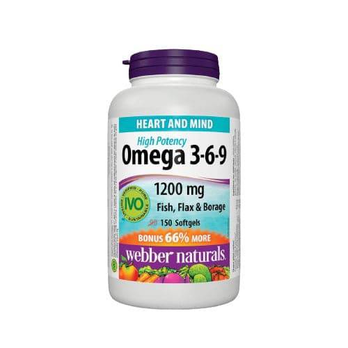 Webber Naturals Omega 3-6-9 High Potency Fish, Flax & Borage 1200mg 150 Softgels Bonus Size
