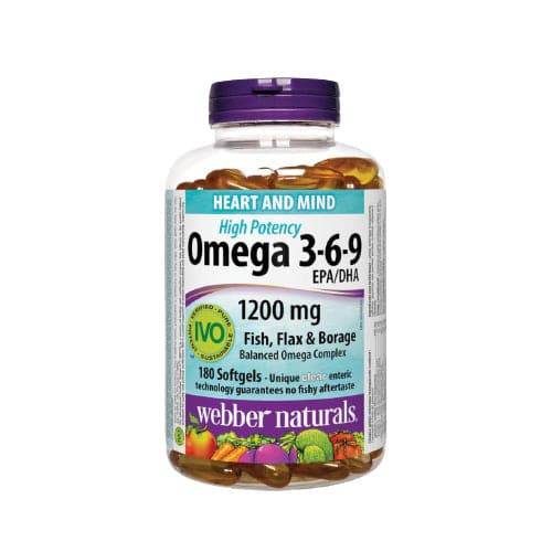 Webber Naturals Omega 3-6-9 High Potency Fish, Flax & Borage 1200mg 180 Clear Enteric Softgels