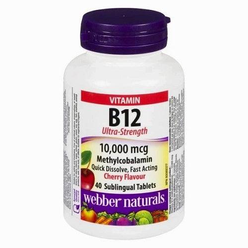 Webber Naturals Vitamin B12 Ultra-Strength 10000mcg Methylcobalamin Cherry Flavour 40 Sublingual Tablets