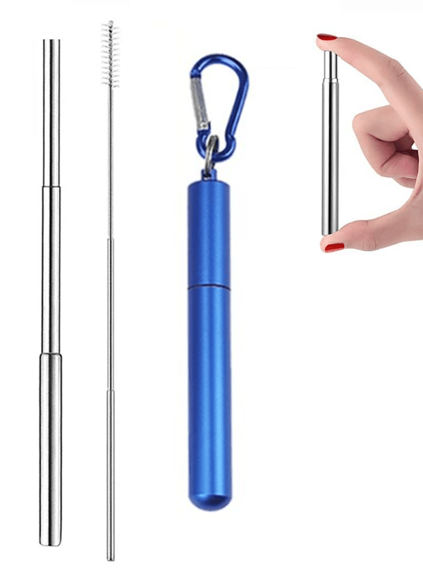 Yes Wellness Reusable Stainless Steel Straw Kit Keychain Blue