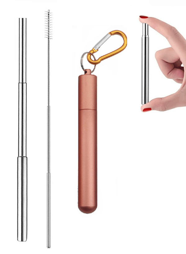 Yes Wellness Reusable Stainless Steel Straw Kit Keychain Rose Gold
